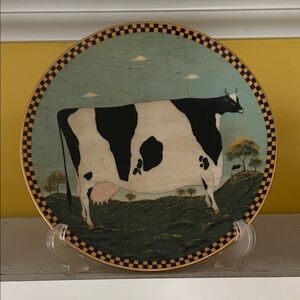 Country Cow Decorative Plate with Sky Blue Field and Checkered Rim